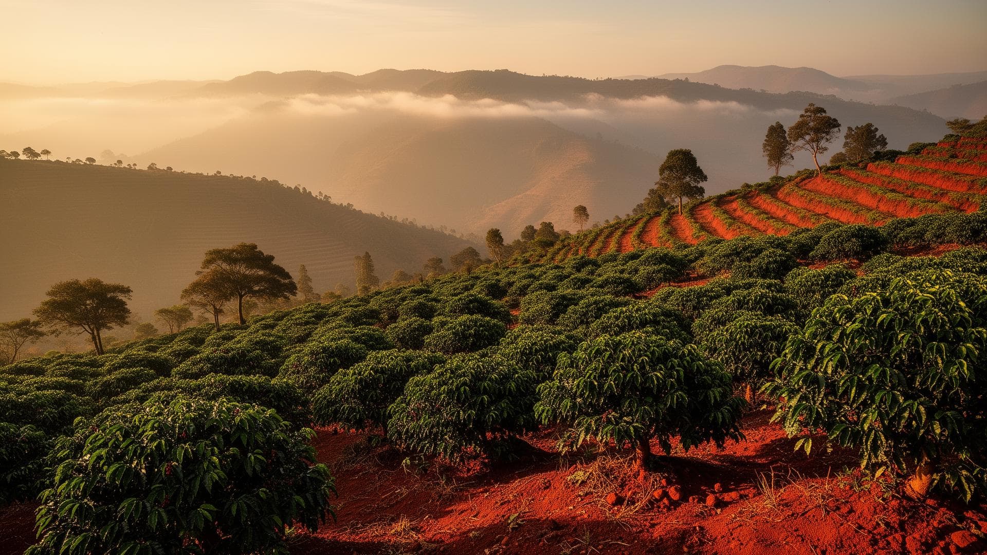Ethiopian coffee terraces at golden hour